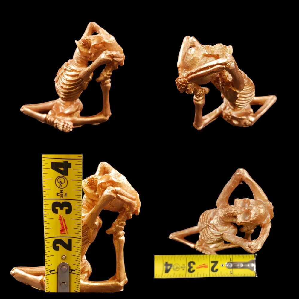 Yoga Meditation Pose Skeleton Skull Figurine 4" Gold Resin Painted Decor
